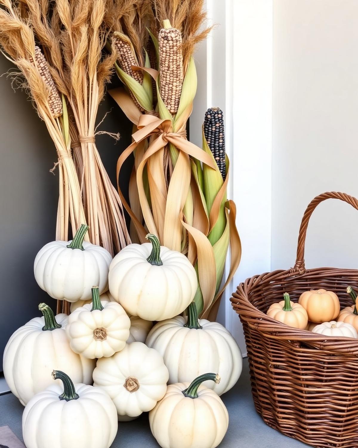 White pumpkins with dried corn and wicker basket