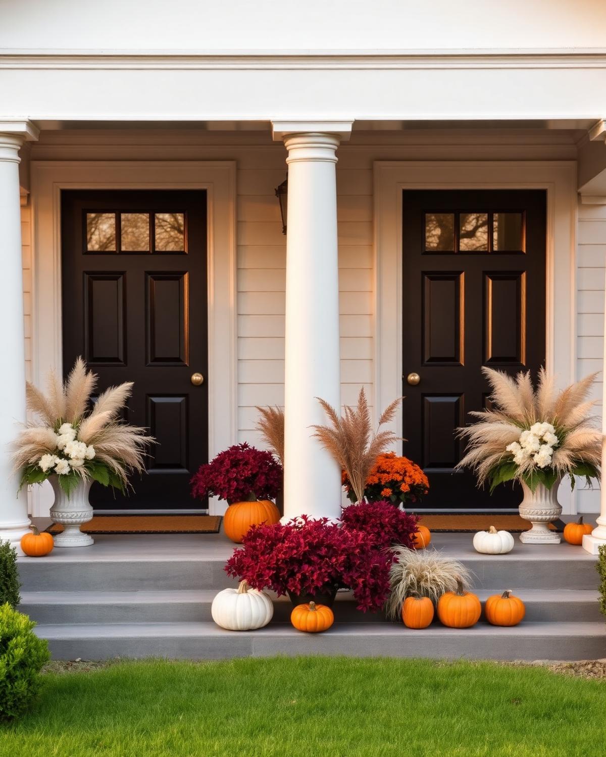White columned porch with pampas grass and mums