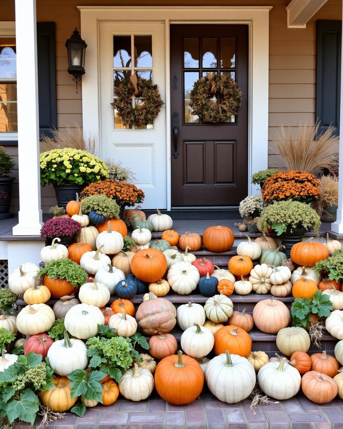Heirloom pumpkin cascade on a craftsman porch