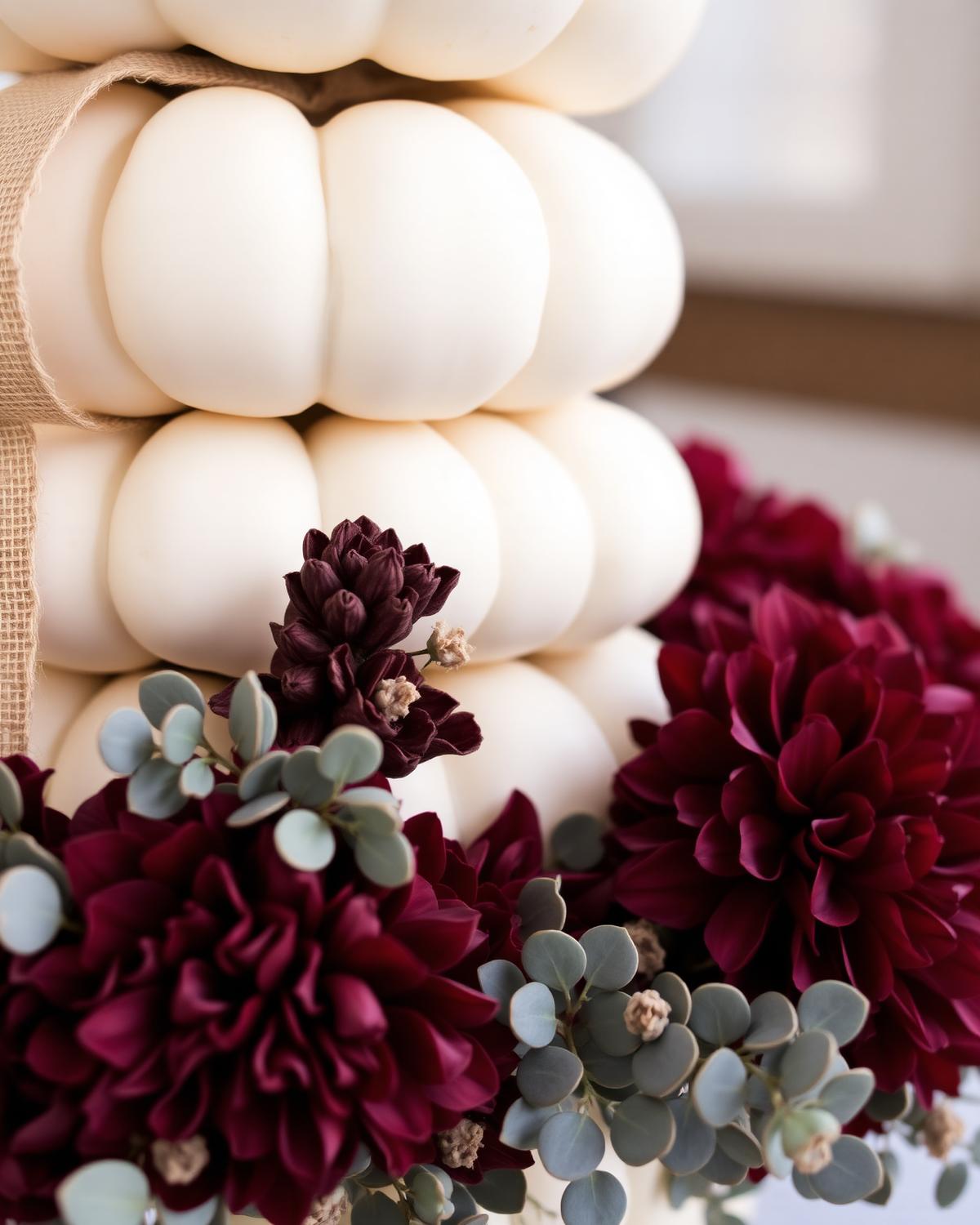 Close-up of stacked white pumpkins and burgundy dahlias
