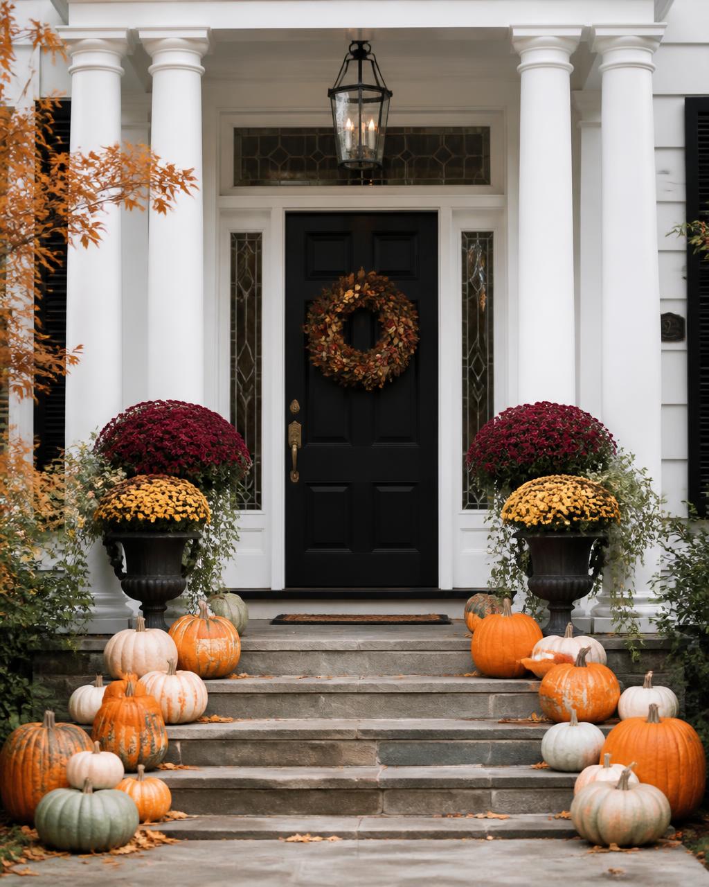Elegant colonial porch with pumpkins and burgundy mums